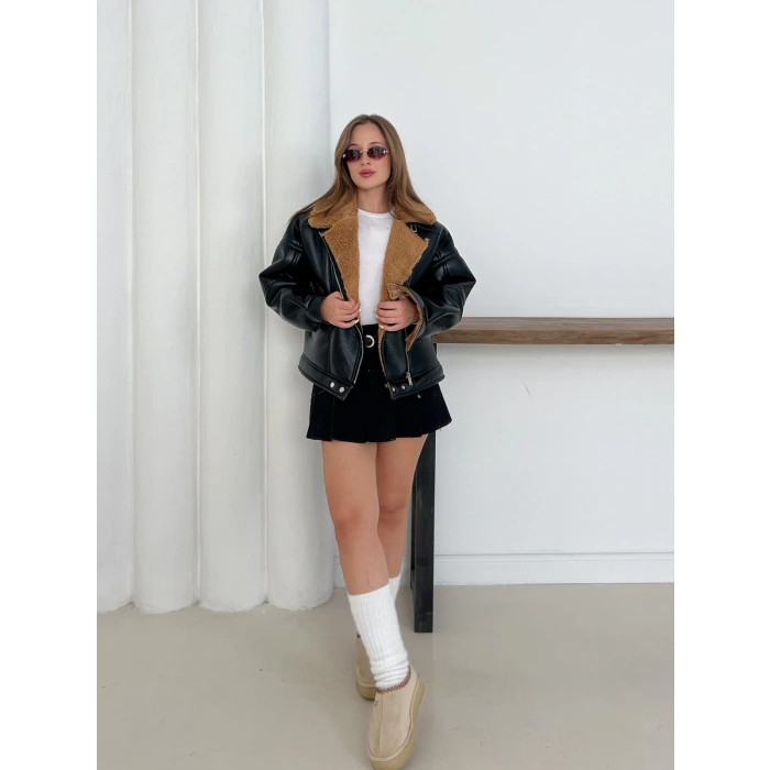 Yaka Peluş Detay Deri Ceket Kahve