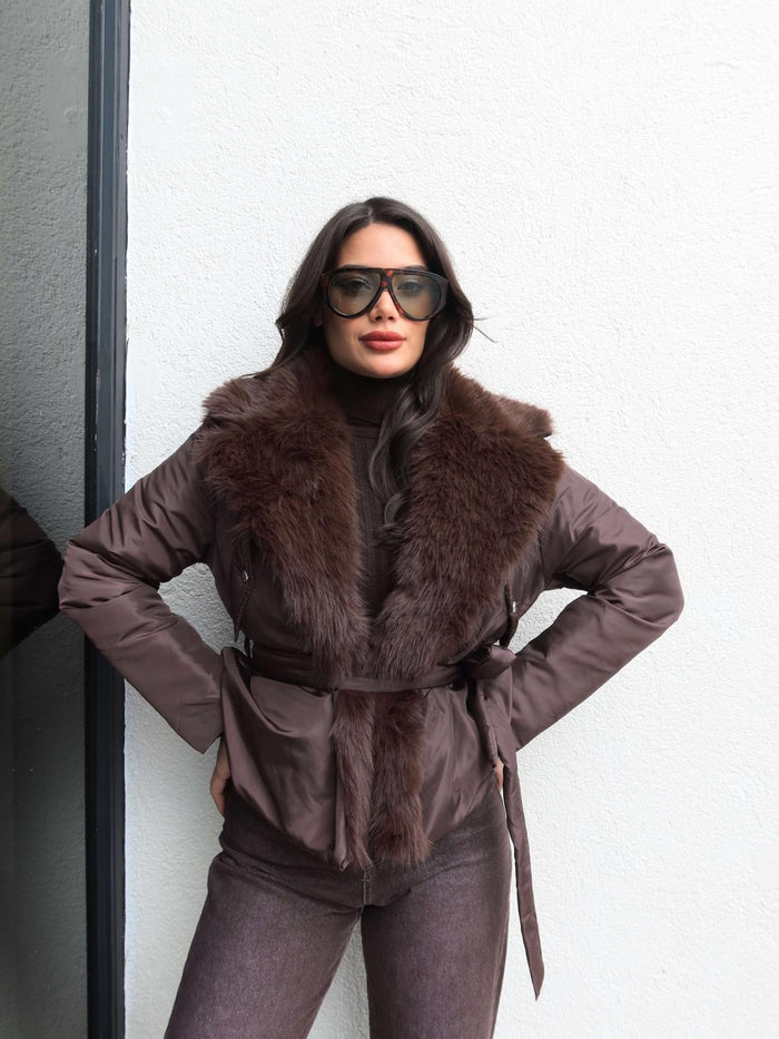 Yaka Suni Kürk Bağlamalı Mont