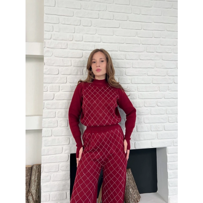 Yarım Boğazlı Taş İşlemeli İkili Set Bordo