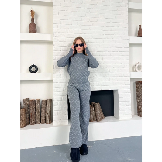Yarım Boğazlı Taş İşlemeli İkili Set Gri