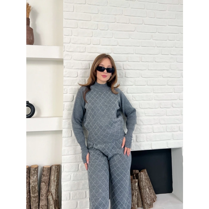 Yarım Boğazlı Taş İşlemeli İkili Set Gri