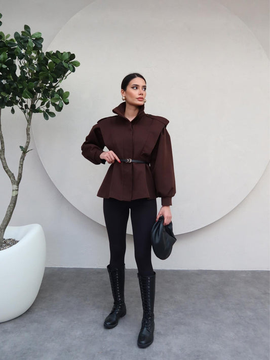 Siyah Kemerli Tasarım Ceket