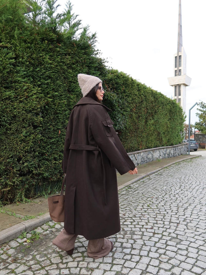 Acı Kahve Yün Karışımlı Sleeve Pocket Kaban