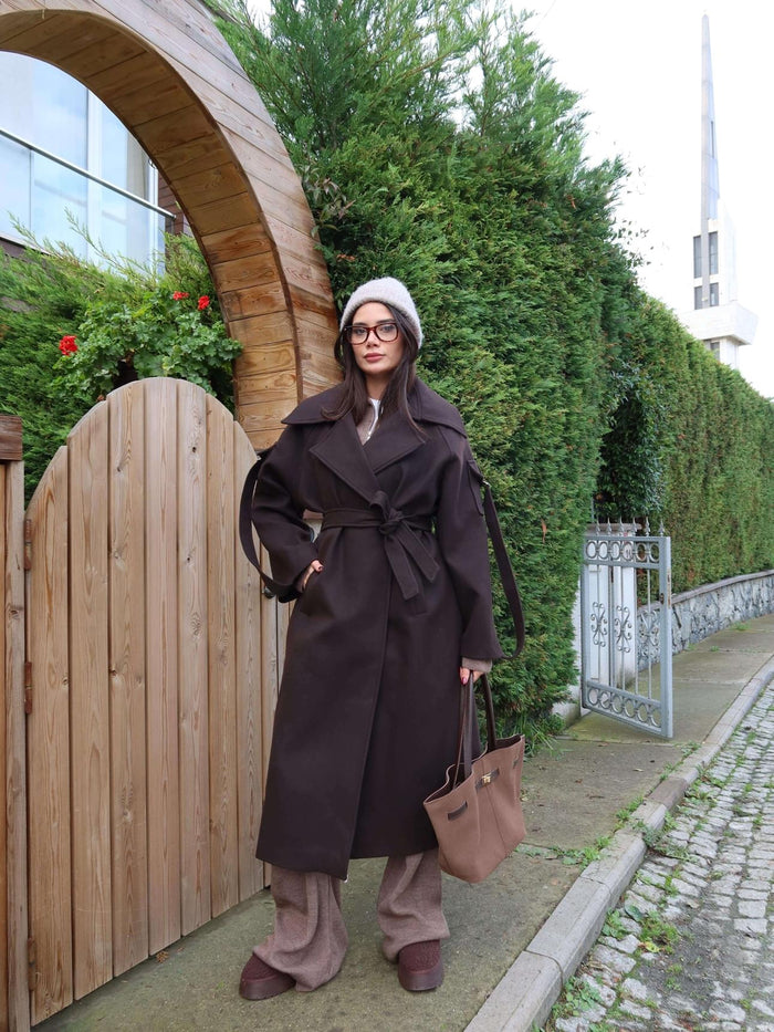 Acı Kahve Yün Karışımlı Sleeve Pocket Kaban