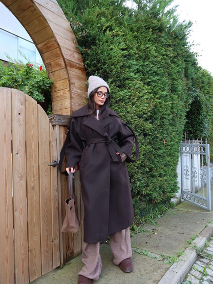 Acı Kahve Yün Karışımlı Sleeve Pocket Kaban