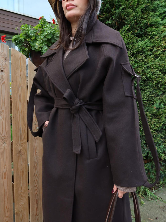 Acı Kahve Yün Karışımlı Sleeve Pocket Kaban