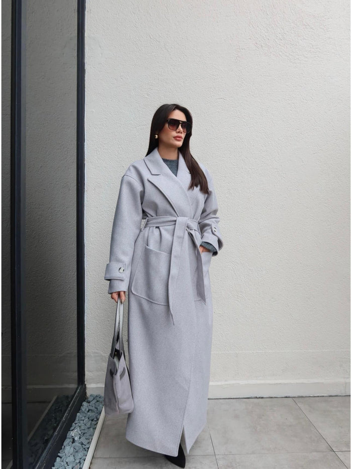 Açık Cep Apolet Detay Kuşaklı Kaban Gri