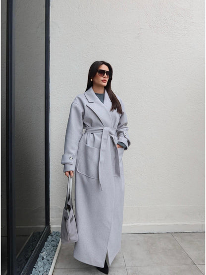 Açık Cep Apolet Detay Kuşaklı Kaban Gri