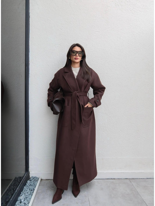 Açık Cep Apolet Detay Kuşaklı Kaban Kahve