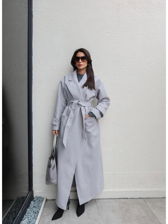 Açık Cep Apolet Detay Kuşaklı Kaban Gri