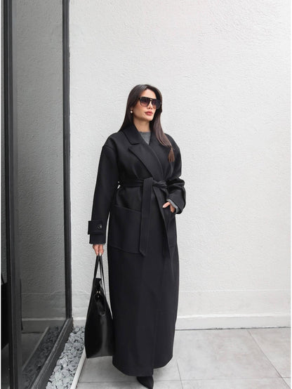 Açık Cep Apolet Detay Kuşaklı Kaban Siyah