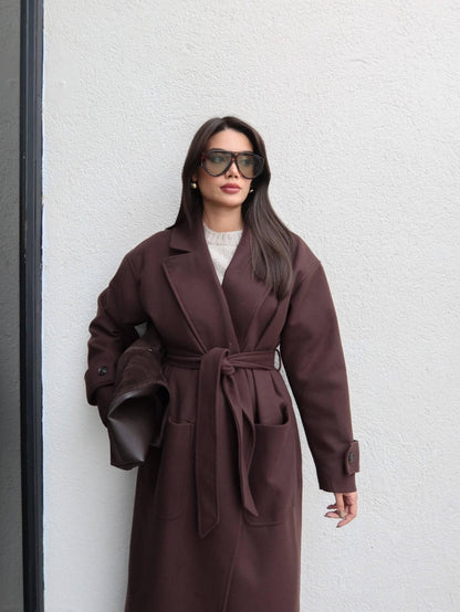 Açık Cep Apolet Detay Kuşaklı Kaban Kahve