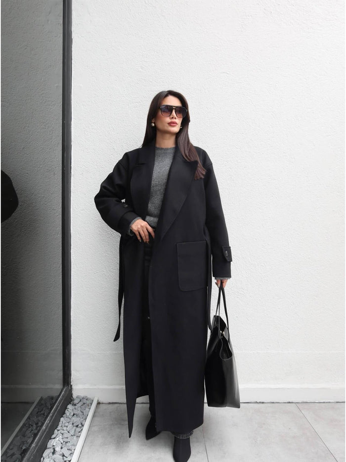 Açık Cep Apolet Detay Kuşaklı Kaban Siyah