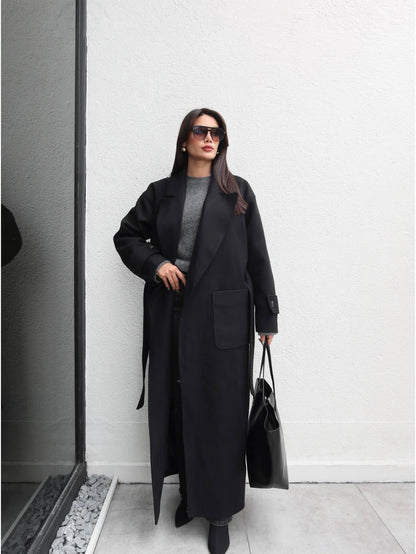 Açık Cep Apolet Detay Kuşaklı Kaban Siyah