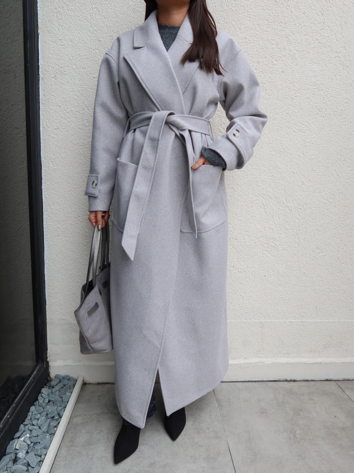 Açık Cep Apolet Detay Kuşaklı Kaban Gri