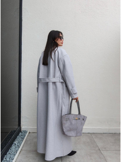 Açık Cep Apolet Detay Kuşaklı Kaban Gri