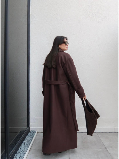 Açık Cep Apolet Detay Kuşaklı Kaban Kahve