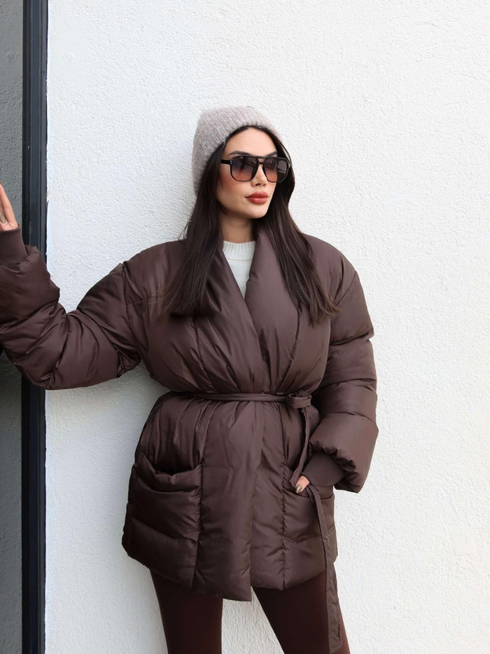 Açık Cep Ön Bağlamalı Şişme Mont