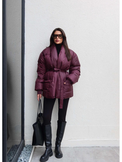 Açık Cep Ön Bağlamalı Şişme Mont Mürdüm