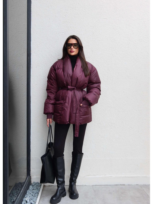 Açık Cep Ön Bağlamalı Şişme Mont