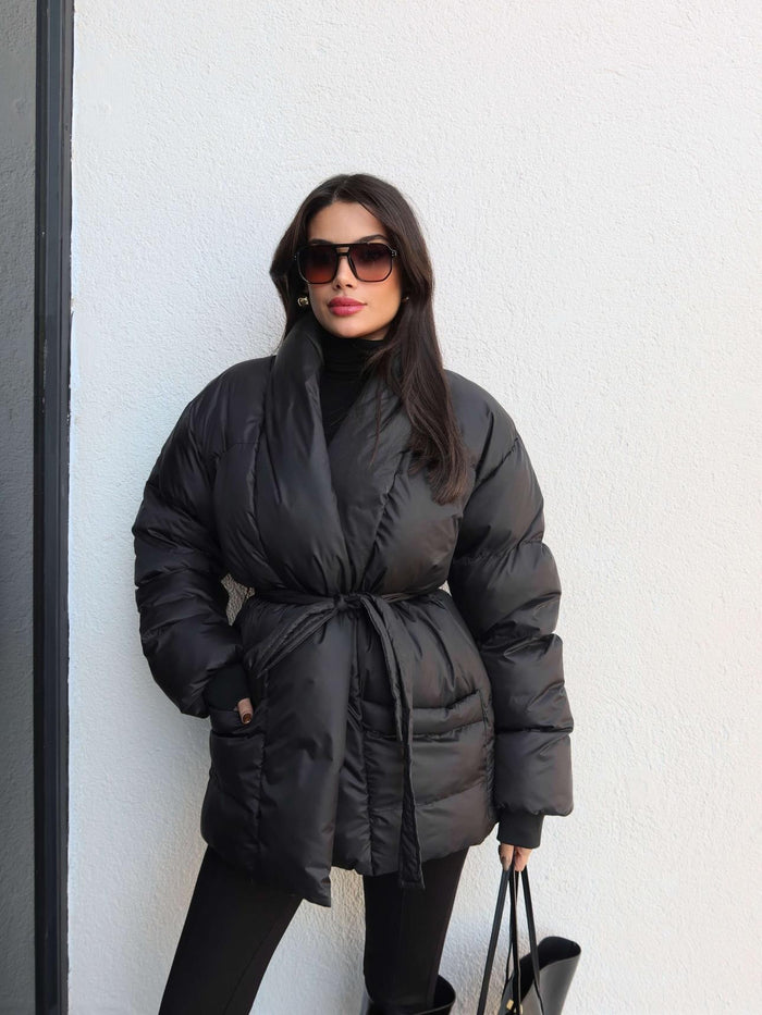 Açık Cep Ön Bağlamalı Şişme Mont Siyah