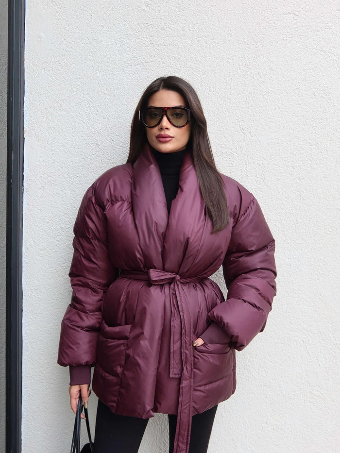 Açık Cep Ön Bağlamalı Şişme Mont Mürdüm