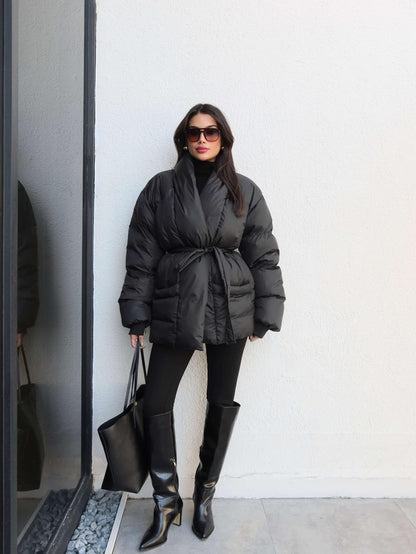 Açık Cep Ön Bağlamalı Şişme Mont