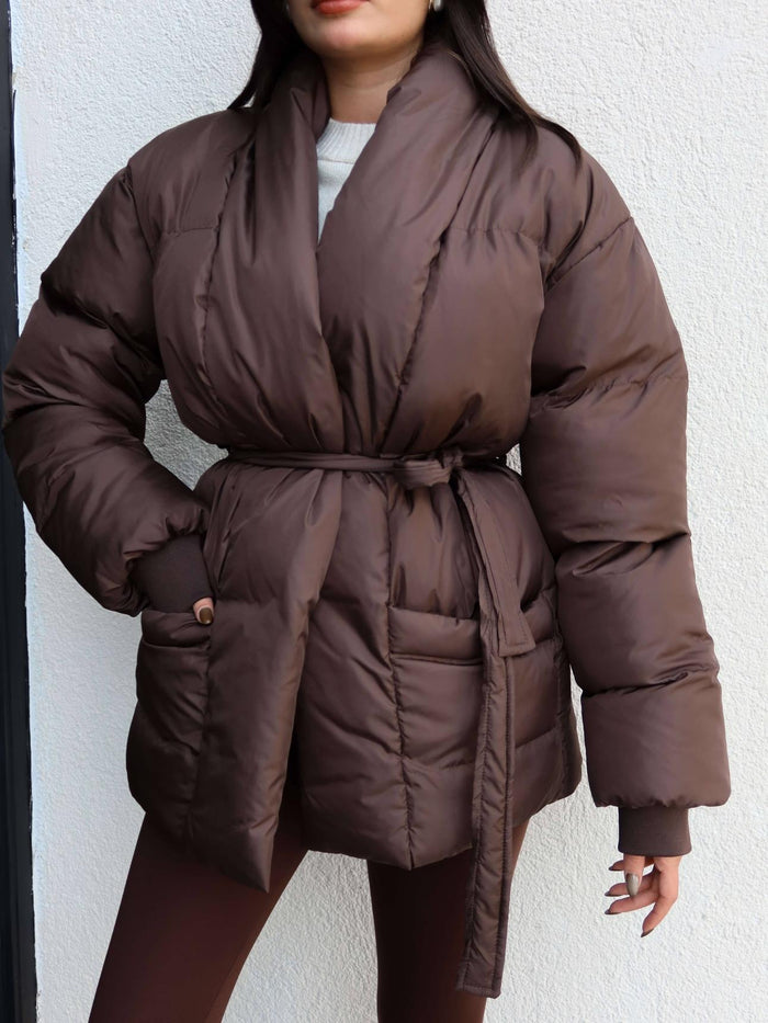 Açık Cep Ön Bağlamalı Şişme Mont Kahve