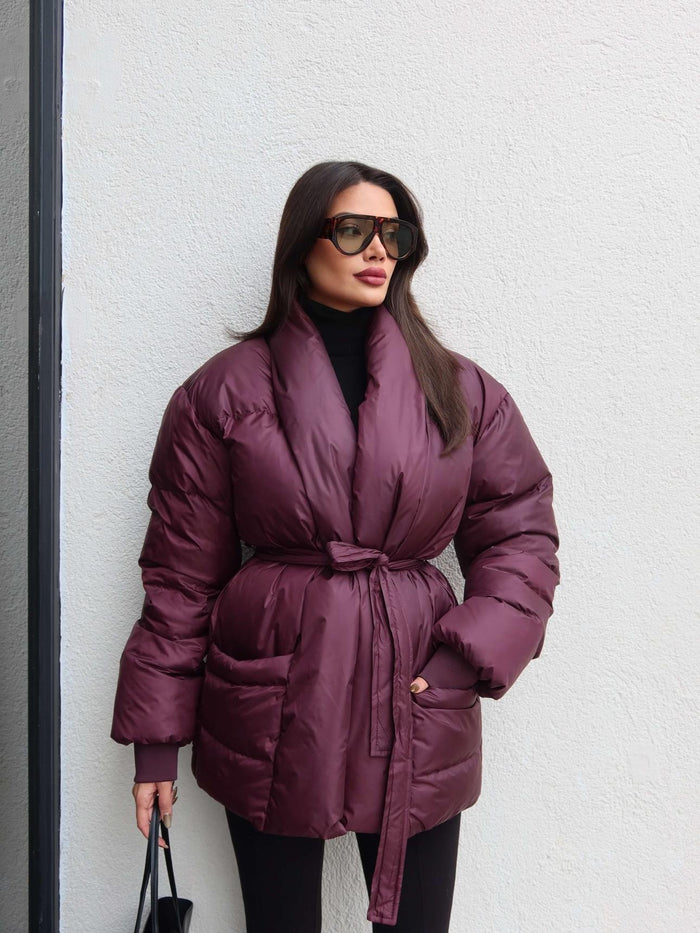 Açık Cep Ön Bağlamalı Şişme Mont Mürdüm