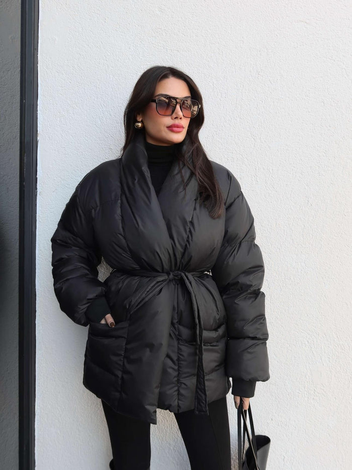 Açık Cep Ön Bağlamalı Şişme Mont Siyah