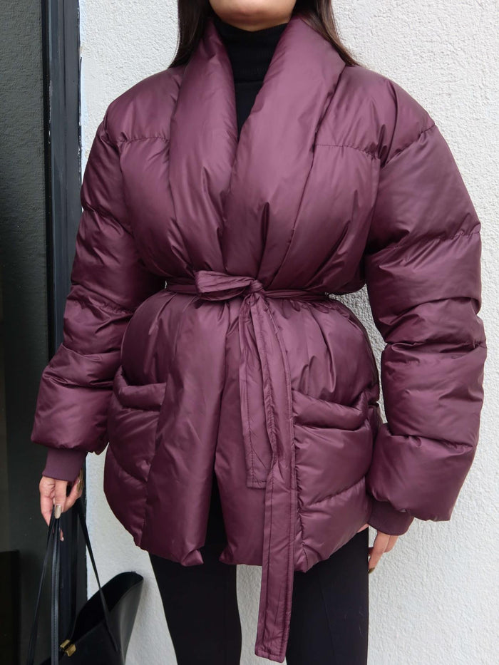 Açık Cep Ön Bağlamalı Şişme Mont Mürdüm