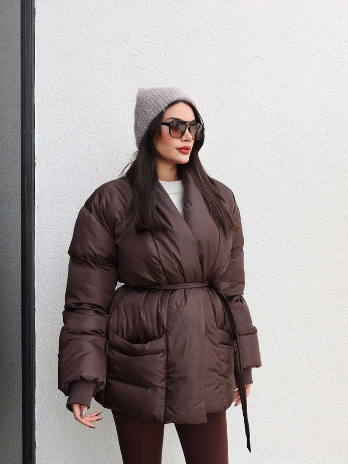 Açık Cep Ön Bağlamalı Şişme Mont Kahve