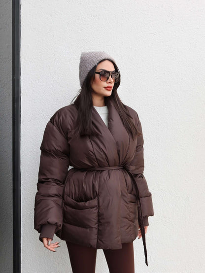 Açık Cep Ön Bağlamalı Şişme Mont Kahve