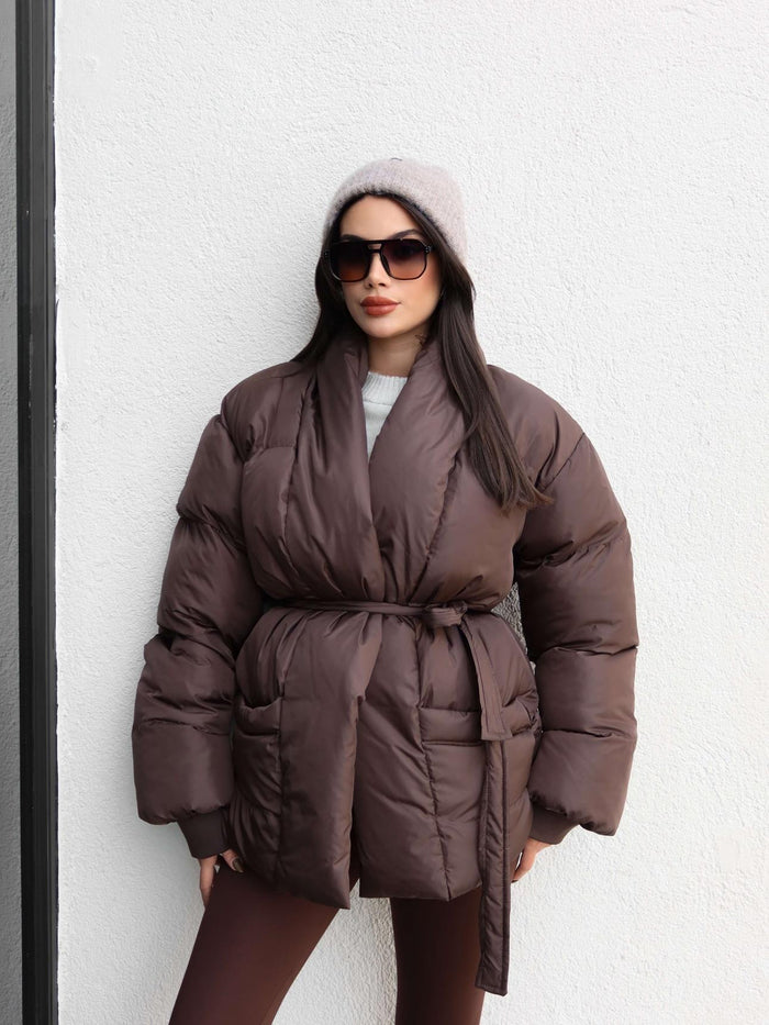 Açık Cep Ön Bağlamalı Şişme Mont Kahve