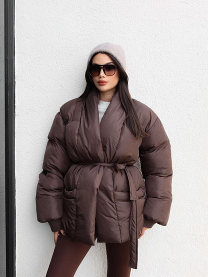 Açık Cep Ön Bağlamalı Şişme Mont Kahve