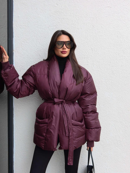 Açık Cep Ön Bağlamalı Şişme Mont