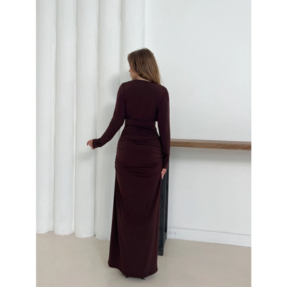 Aksesuar Detaylı Dekolte Sandy Elbise Kahverengi