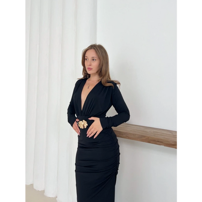 Aksesuar Detaylı Dekolte Sandy Elbise Siyah