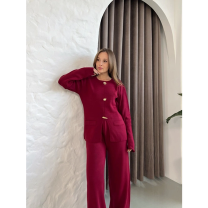 Aksesuar Detaylı Triko Takım Bordo