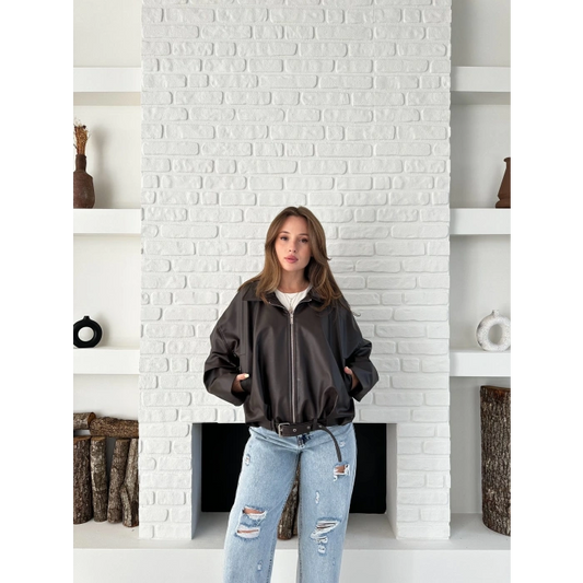 Alt Kemer Detaylı Tasarım Deri Ceket Kahverengi