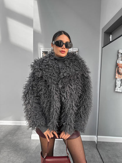 Antrasit Premium Saçaklı Suni Kürk