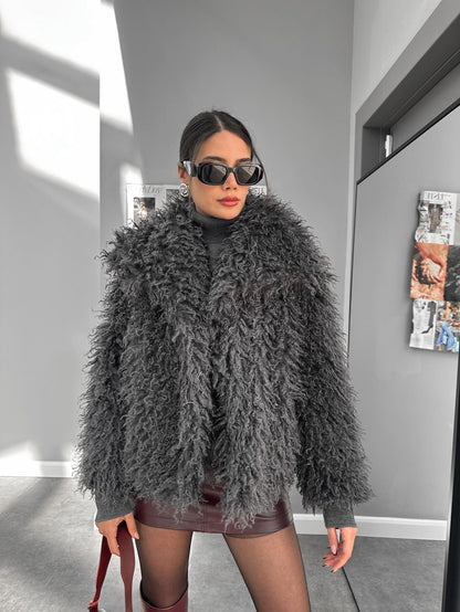 Antrasit Premium Saçaklı Suni Kürk