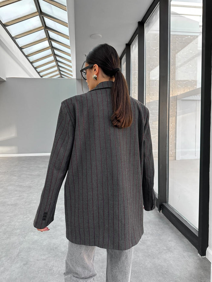 Antrasit Retro Çizgili Blazer Ceket