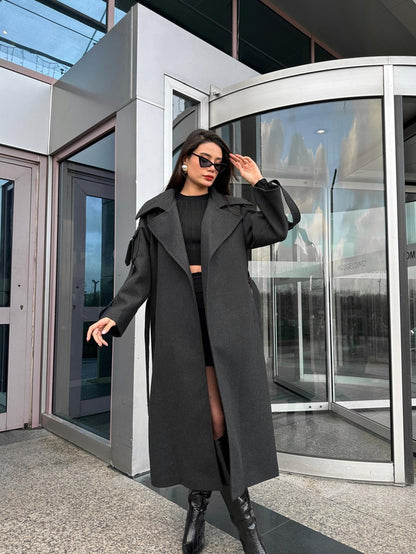 Antrasit Yün Karışımlı Sleeve Pocket Kaban