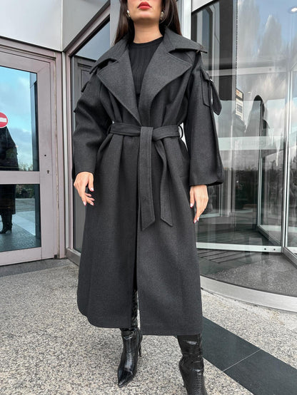 Antrasit Yün Karışımlı Sleeve Pocket Kaban