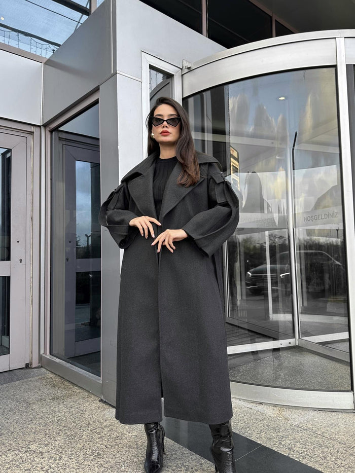 Antrasit Yün Karışımlı Sleeve Pocket Kaban