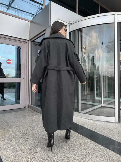 Antrasit Yün Karışımlı Sleeve Pocket Kaban