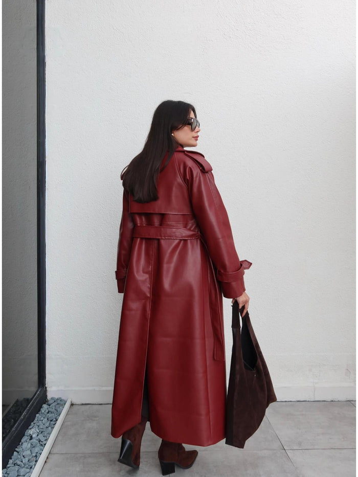 Apolet Detay Kuşaklı Deri Trench Bordo