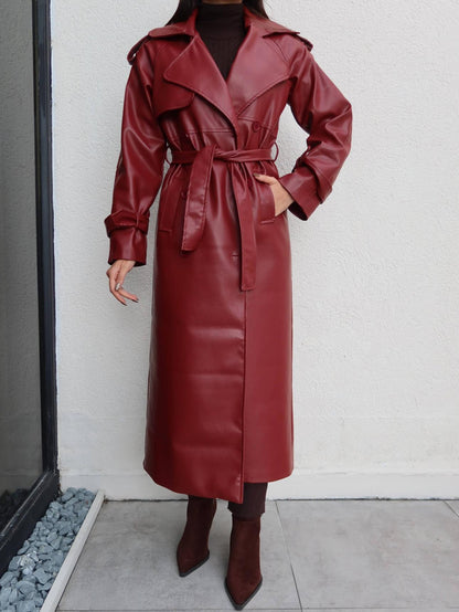 Apolet Detay Kuşaklı Deri Trench Bordo