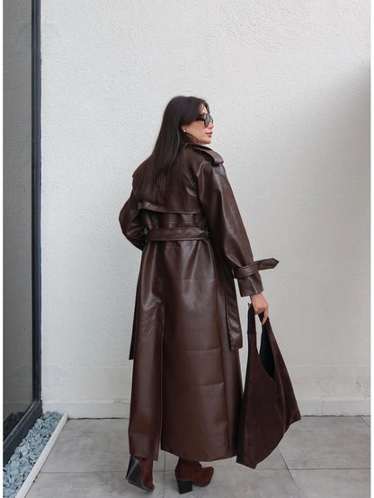 Apolet Detay Kuşaklı Deri Trench